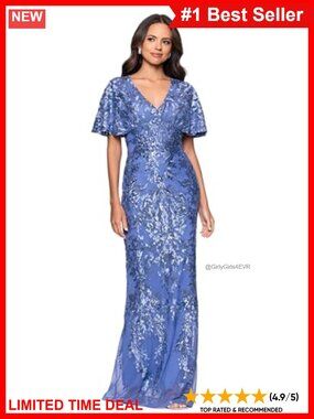 Sequin Mesh V Neck Flutter Sleeve Floor Length Dress Petite